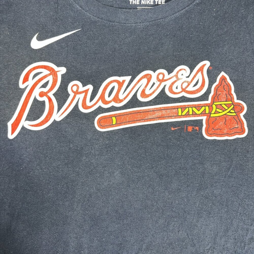 Nike Atlanta Braves Shirt Sz Large Navy Blue MLB Baseball Short Sleeve Acuna
